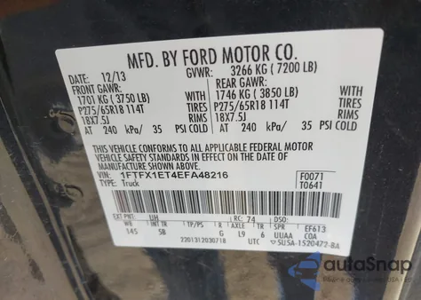 2014 Ford F-150 Fx4 из США, поврежденный, VIN 1FTFX1ET4EFA48216